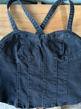 Stretch Black Denim Bustier Tank Top S